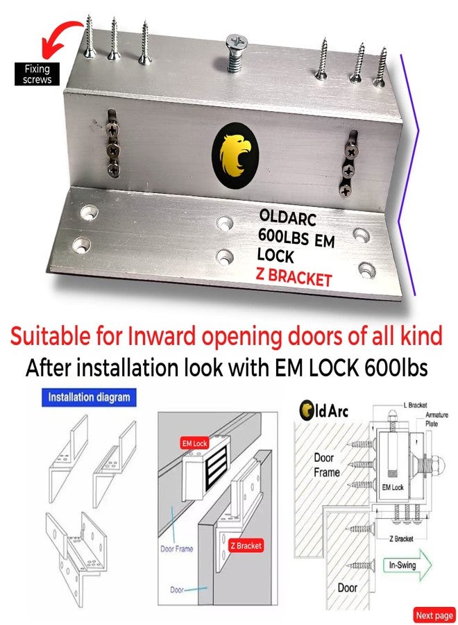 OldArc Z Bracket for 600lbs EM Lock, Suitable with Inward Opening Door, Silver Polished Finish,for in-Swing Door, ZL Bracket, High Strength, for Glass/Aluminium/Wooden Doors, Access Control - Image 2